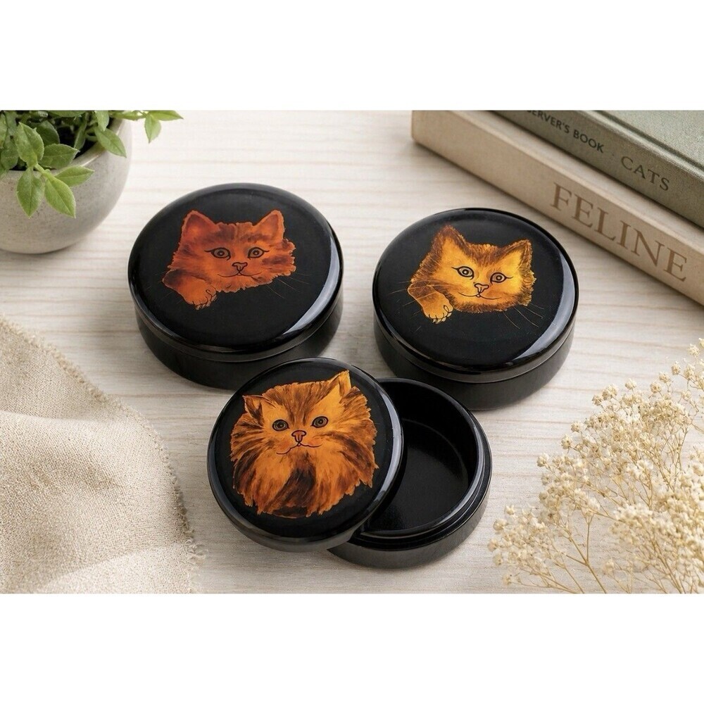 Vintage Wood Black Lacquer Set of 3 Large Cat Trinket Boxes Handpainted
